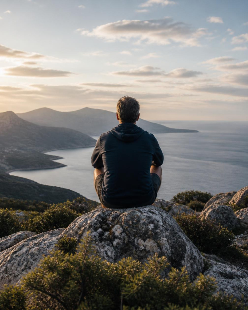 Mann sitzt auf einem Felsen und blickt übers Meer