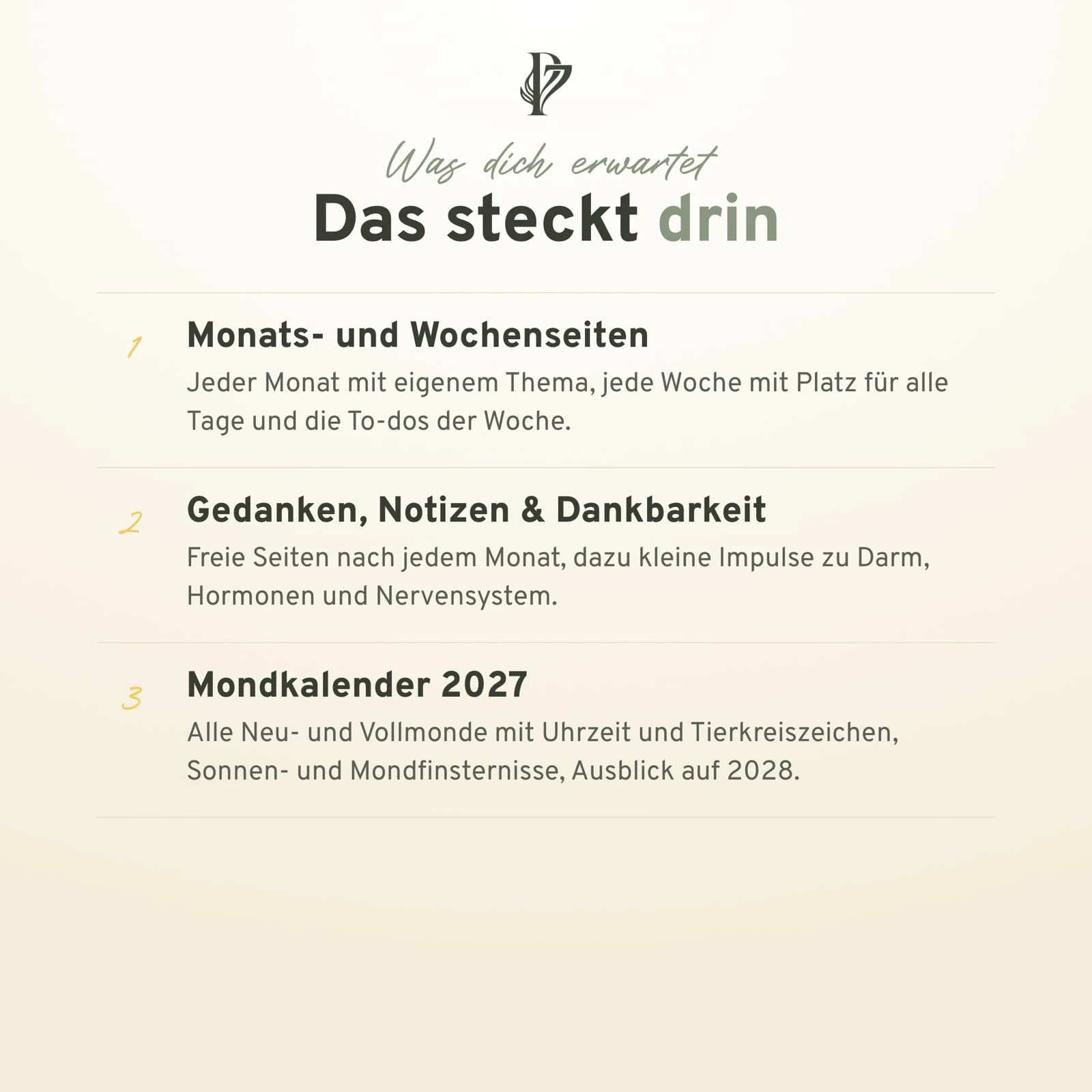 Inhalt des Holistic Life Planner 2027: Monats- und Wochenseiten, freie Seiten, Mondkalender