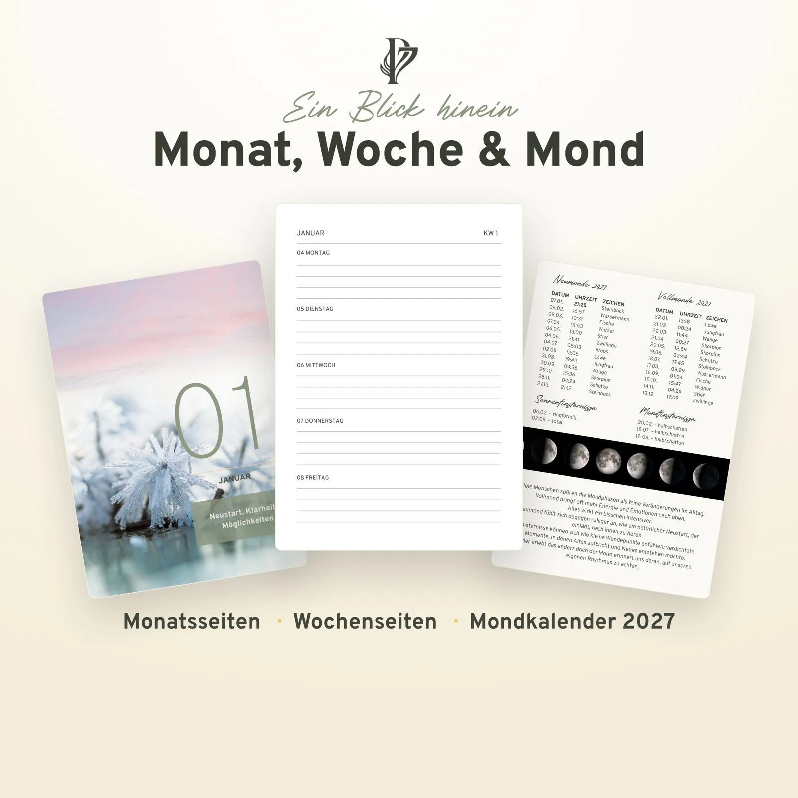 Blick in den Holistic Life Planner 2027: Monatsseite, Wochenseite und Mondkalender
