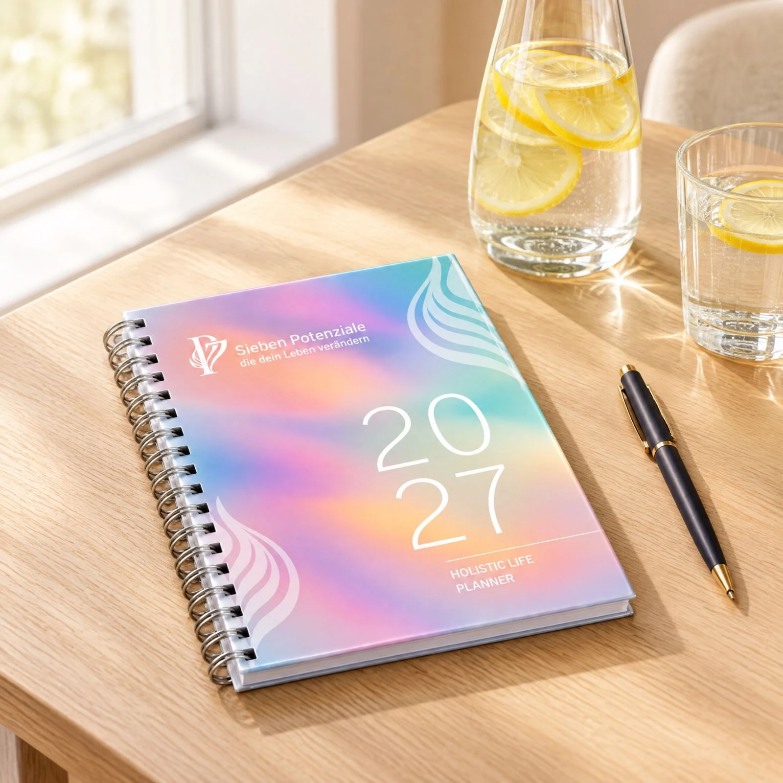 Holistic Life Planner 2027 von P7 auf einem Tisch, mit Wasserkaraffe und Stift