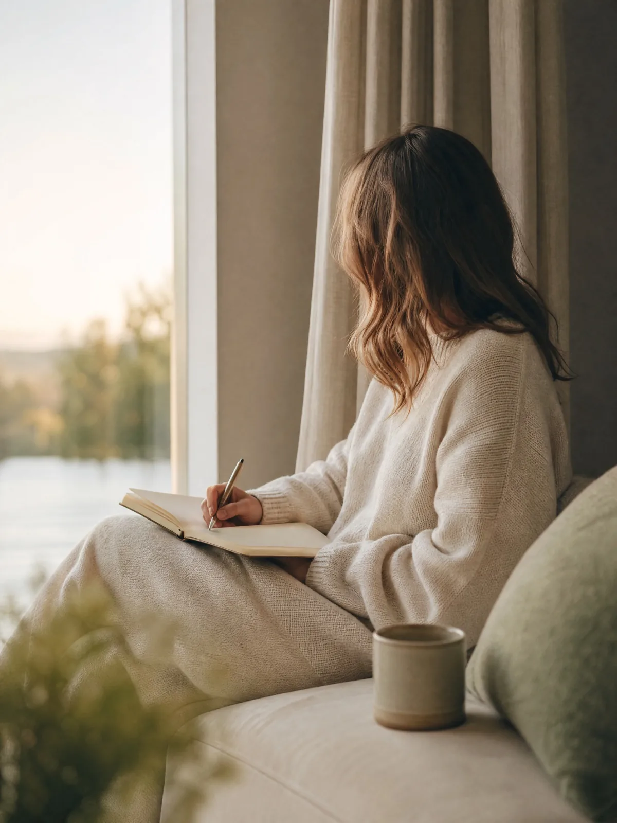 Eine Frau in cremefarbenem Strick sitzt am Fenster mit Blick auf einen See und schreibt in ein aufgeschlagenes Notizbuch