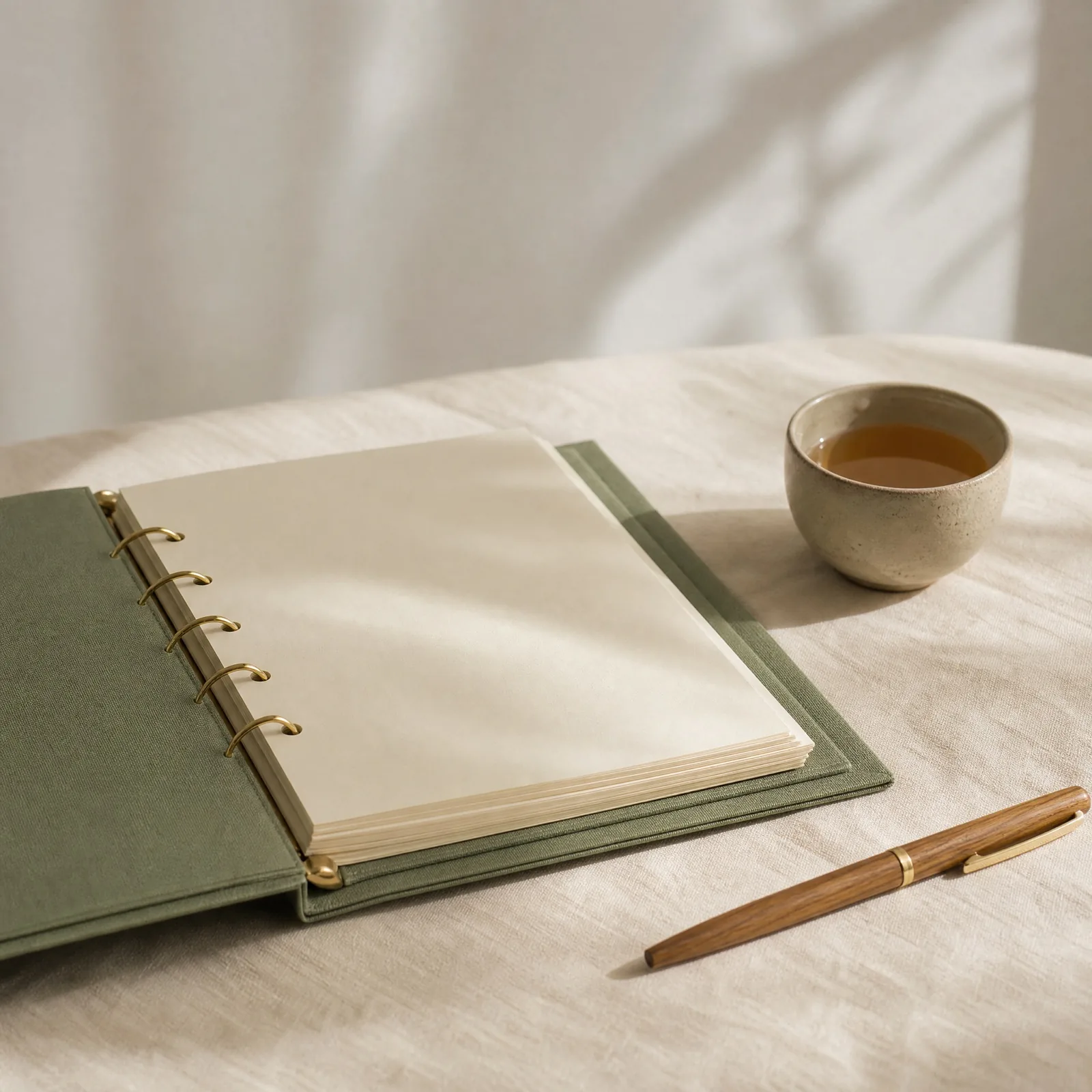 Aufgeschlagenes Ringbuch-Workbook in Salbeigrün mit leeren Seiten, daneben ein Holzstift und eine Tasse Tee auf Leinen