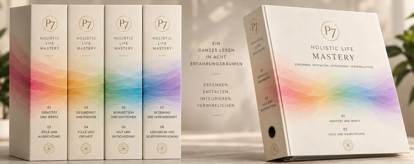 Vier cremefarbene Mastery-Ringbuchordner nebeneinander, jeder für zwei Erfahrungsräume